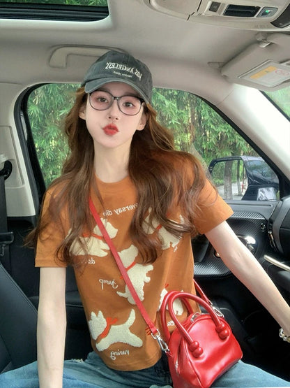 American style puppy straight shoulder short-sleeved T-shirt for women 2025 new summer trendy brand retro design niche short top