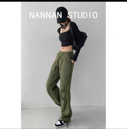 Yuppie hotties walking the streets low-waist drawstring pink overalls for women ins trendy loose American leg-tie straight wide-leg pants