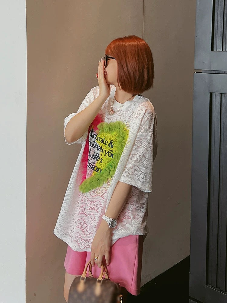 European large version summer lace lace hollow T-shirt women's short-sleeved mid-length loose design top thin section