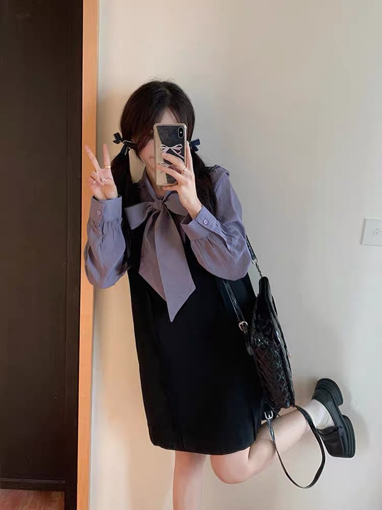 French Hepburn style black A-line suspender dress + long-sleeved ruffle shirt two-piece suit for women in autumn plus size (S0974)
