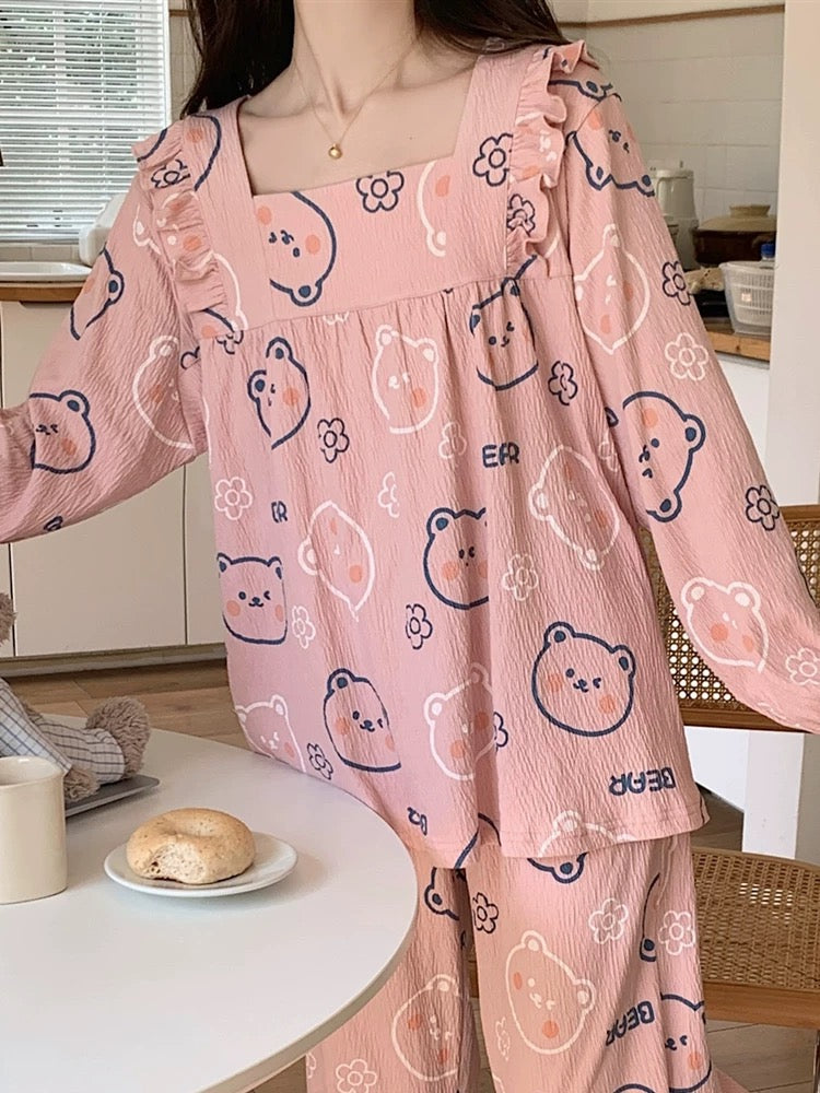 "Wrinkled cotton" pajamas for women, spring and autumn long-sleeved 2023 new bean paste pink bear home wear set