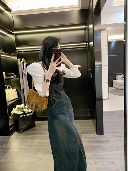 Dress spring women's 2023 new high-end design niche temperament age-reducing long denim skirt (S0958)