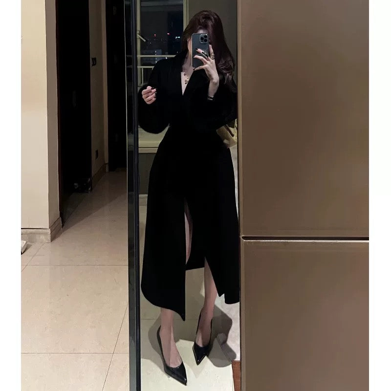 Audrey Hepburn-style black woolen coat, elegant, high-end and super good-looking, waist-cinched suit-style mid-length woolen coat for winter