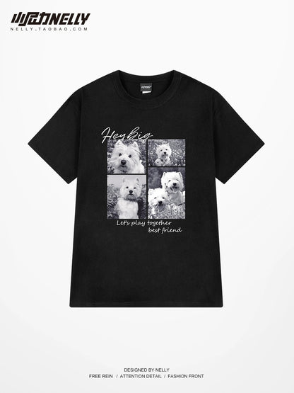Fashion brand dog photo print short-sleeved T-shirt for men and women summer versatile cotton loose youth clothes round neck half sleeves