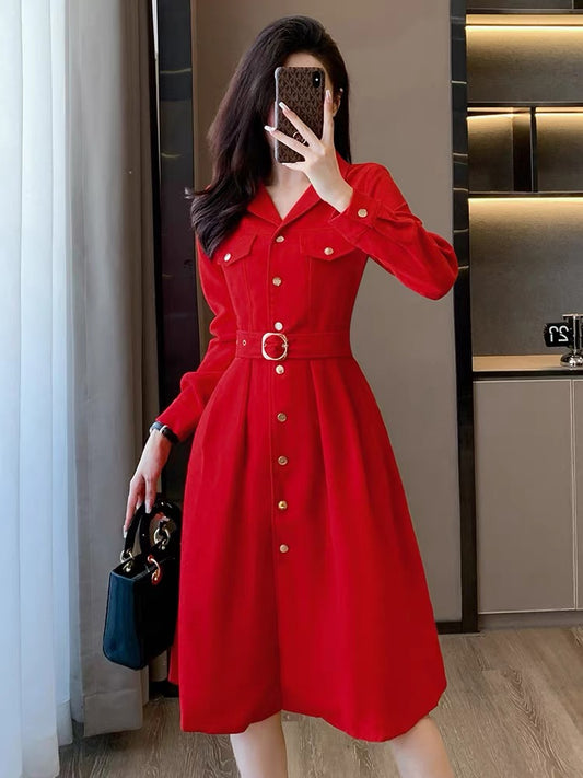 Red small fragrant dress for women autumn 2023 new waist slimming slim mid-length high-end temperament skirt