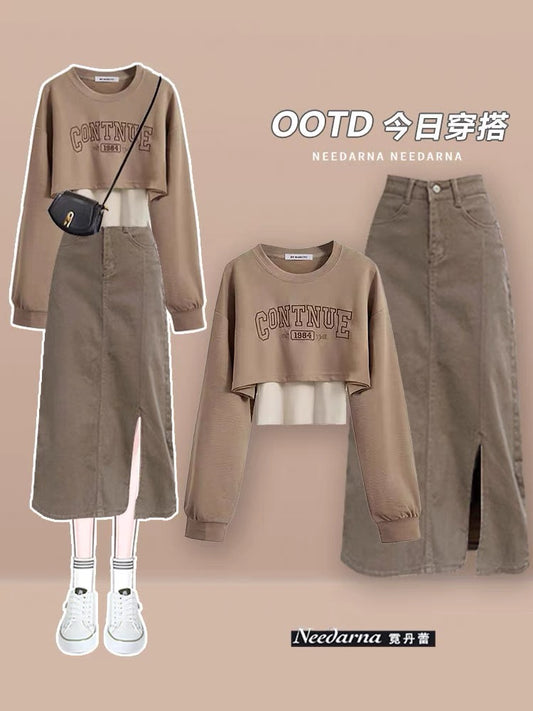 Autumn clothes for women, a complete set of sweatshirts, skirts and high-quality 2023 new denim hip-covering dresses