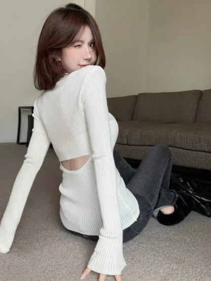 Autumn clothing, pure lust, sexy V-neck, scheming back, hollow back, slimming sweater top, women's long-sleeved shoulder-padded bottoming sweater