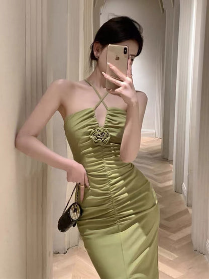 French green thin temperament high-end sexy backless cross hanging neck suspender dress women's summer bag hip long skirt