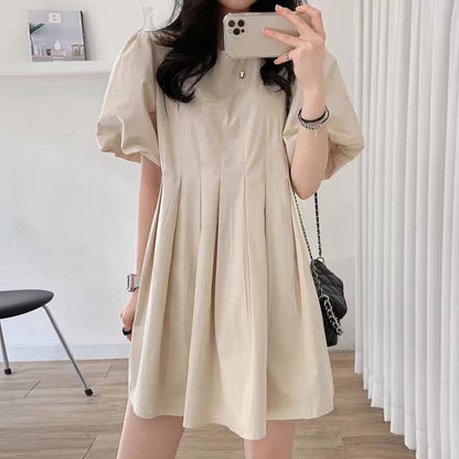 Korean chic summer simple temperament round neck pleated waist slim lantern sleeve A-line dress skirt female
