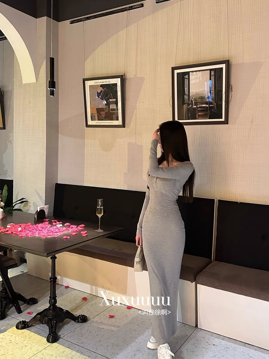 Xu Xuah [big breasts and thin waist] sexy gray fishbone long-sleeved T-shirt base + skirt long casual suit