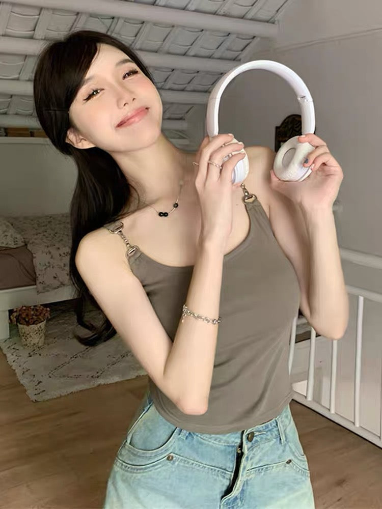 French sweet cool hot girl style black small camisole women's summer inner and outer wear niche chic sexy short top