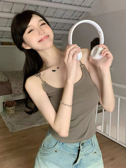 French sweet cool hot girl style black small camisole women's summer inner and outer wear niche chic sexy short top