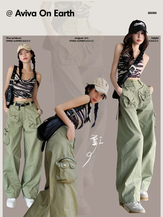 Earth Store Bean Green American High Waist Slim Loose Straight Workwear Style Casual Pants Women's Spring and Summer New Floor-Mopping Pants