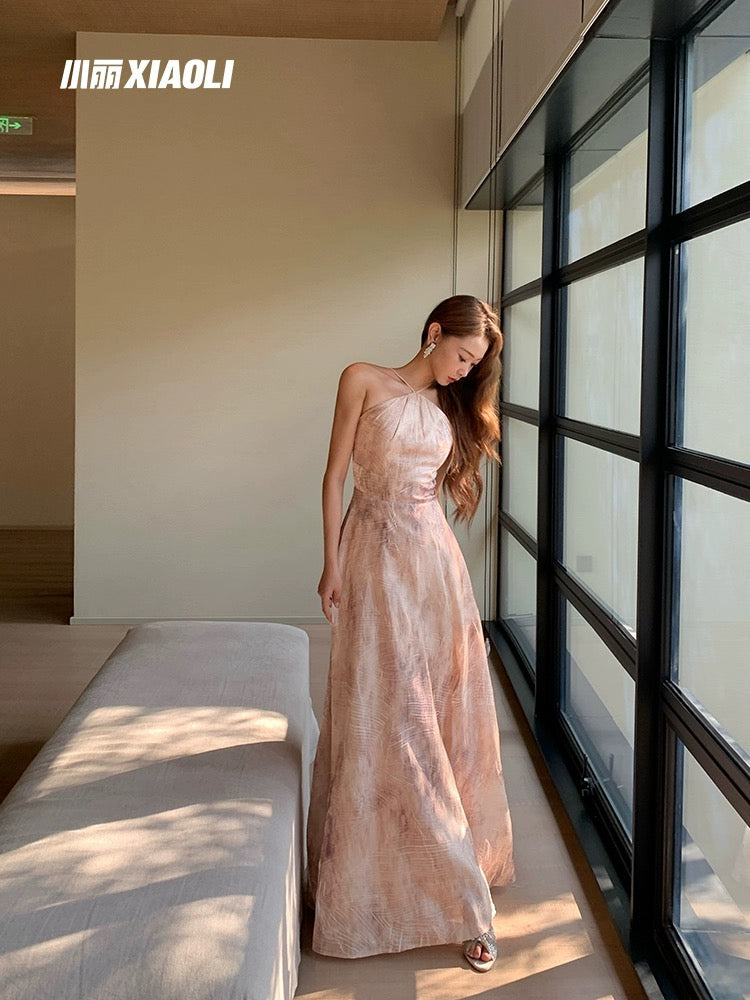 XIAOLI Floating Sand Song Halter Neck Long Dress Spring and Summer French Retro Temperament A-line Skirt