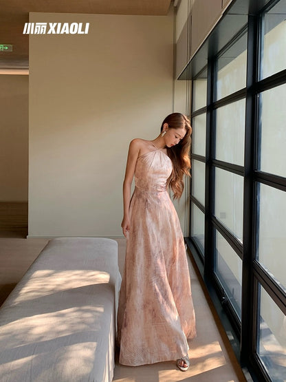 XIAOLI Floating Sand Song Halter Neck Long Dress Spring and Summer French Retro Temperament A-line Skirt
