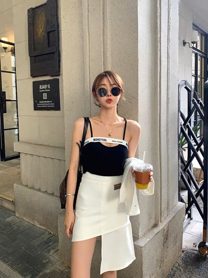 Mr. Zhang's plus size women's clothing contrasting color flesh-covering camisole fat sister mm slimming plus size top trendy sweet style (T143)