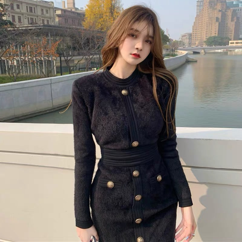 2023 autumn and winter Hepburn style French high-end socialite temperament slim bottoming mink plush dress