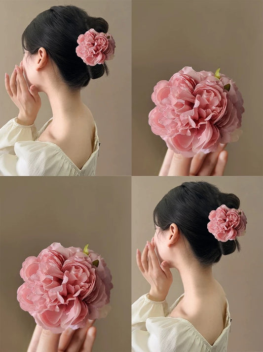 Pink cherry blossoms! Pink peony flower clips! Temperament sweet flower shark clips back of the head hairpins for women