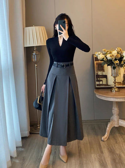 French gray high waist pleated skirt women 2023 autumn new mid-length A-line skirt umbrella skirt suit women's clothing