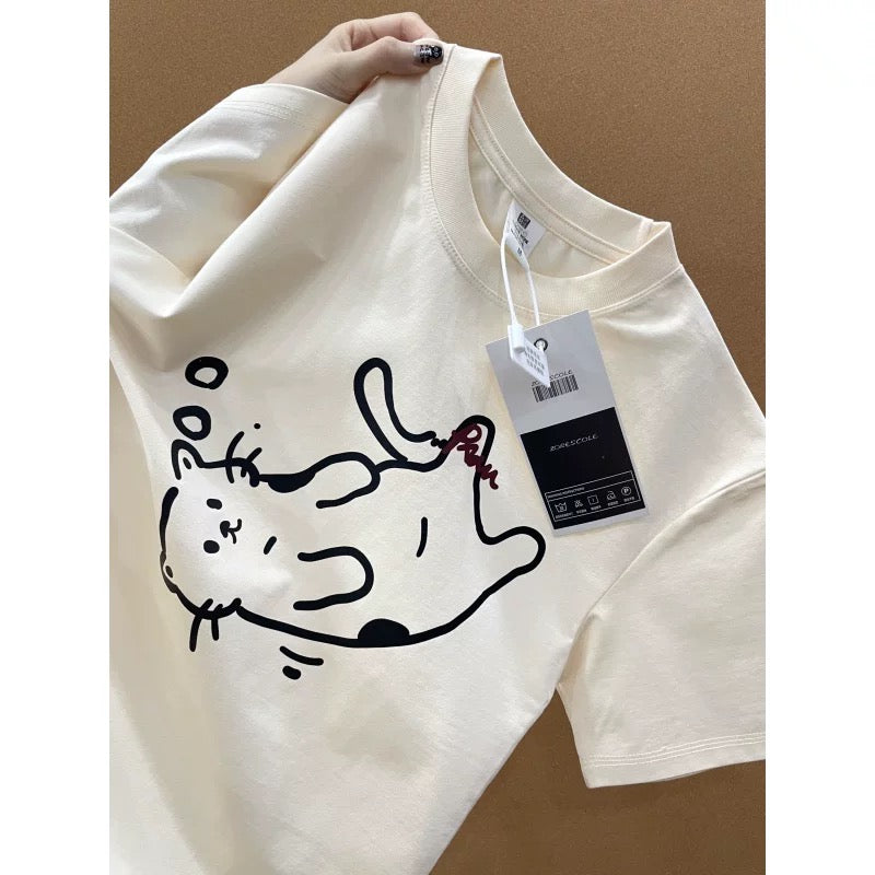 American style ins three bears printed cotton short-sleeved T-shirt men and women summer heavyweight all-match loose couple tops