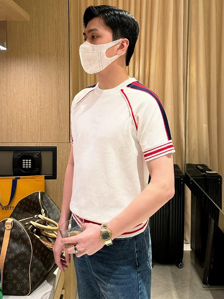 Yomobrother summer fashion t-shirt men's 2024 new casual personality contrast color knitted short-sleeved men