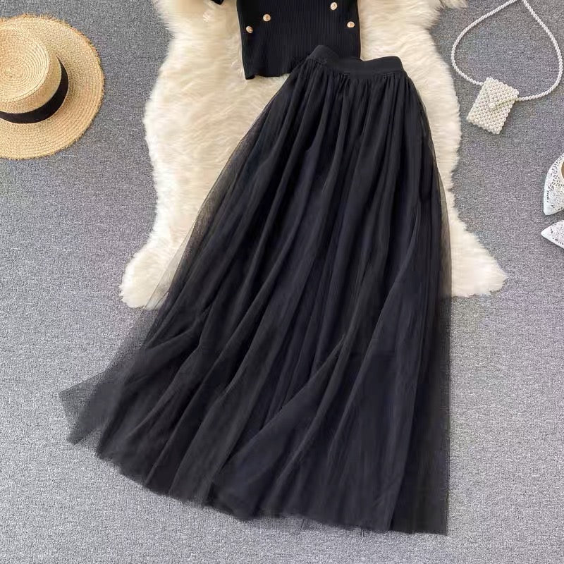 Autumn suit for women, knitted short-sleeved top, heavily beaded, slim fit, versatile mesh skirt, stylish two-piece set (S0993)