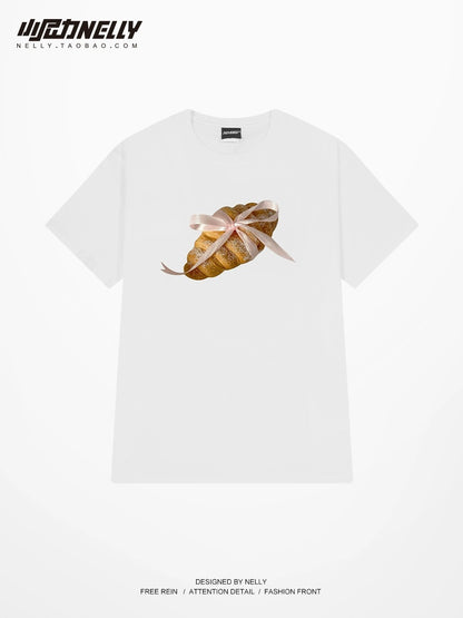 2024 summer new bow croissant bag pure cotton short-sleeved T-shirt men and women casual bottoming shirt half-sleeved summer wear