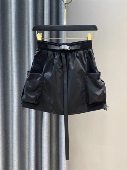 Summer workwear short skirt for women 2023 thin drawstring elastic waist large pockets A-line age-reducing flower bud skirt to prevent exposure