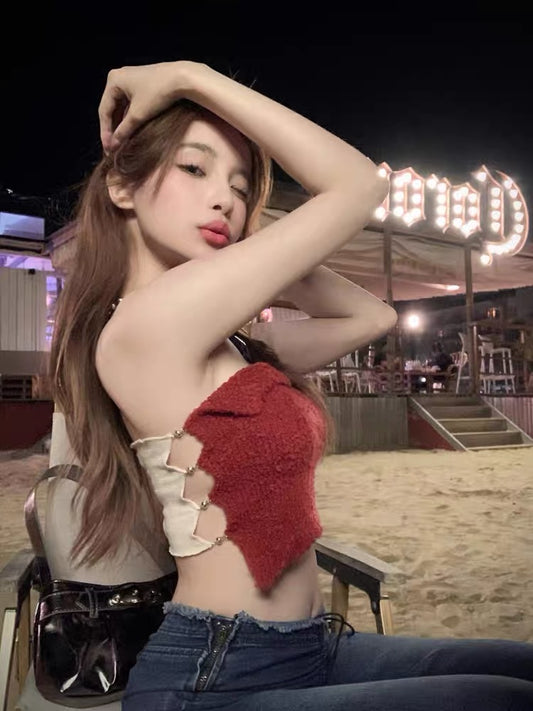 French sweet babes style knitted tube top small camisole women's summer inner and outer wear American sexy short top