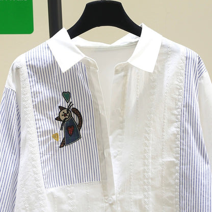 Design blue striped white shirt for women 2024 spring and autumn new style literary loose age-reducing shirt tops