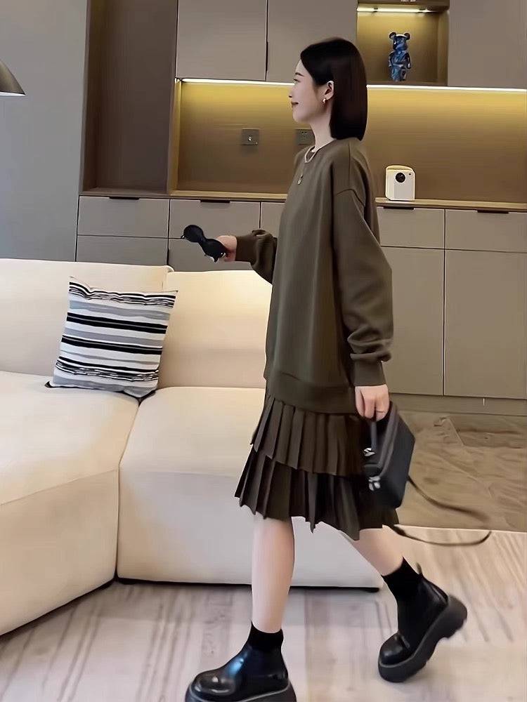 European women's early autumn high-end loose sweatshirt dress casual mid-length hem pleated splicing sweatshirt dress