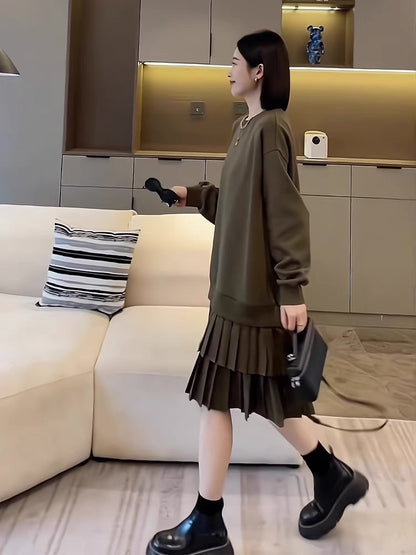 European women's early autumn high-end loose sweatshirt dress casual mid-length hem pleated splicing sweatshirt dress