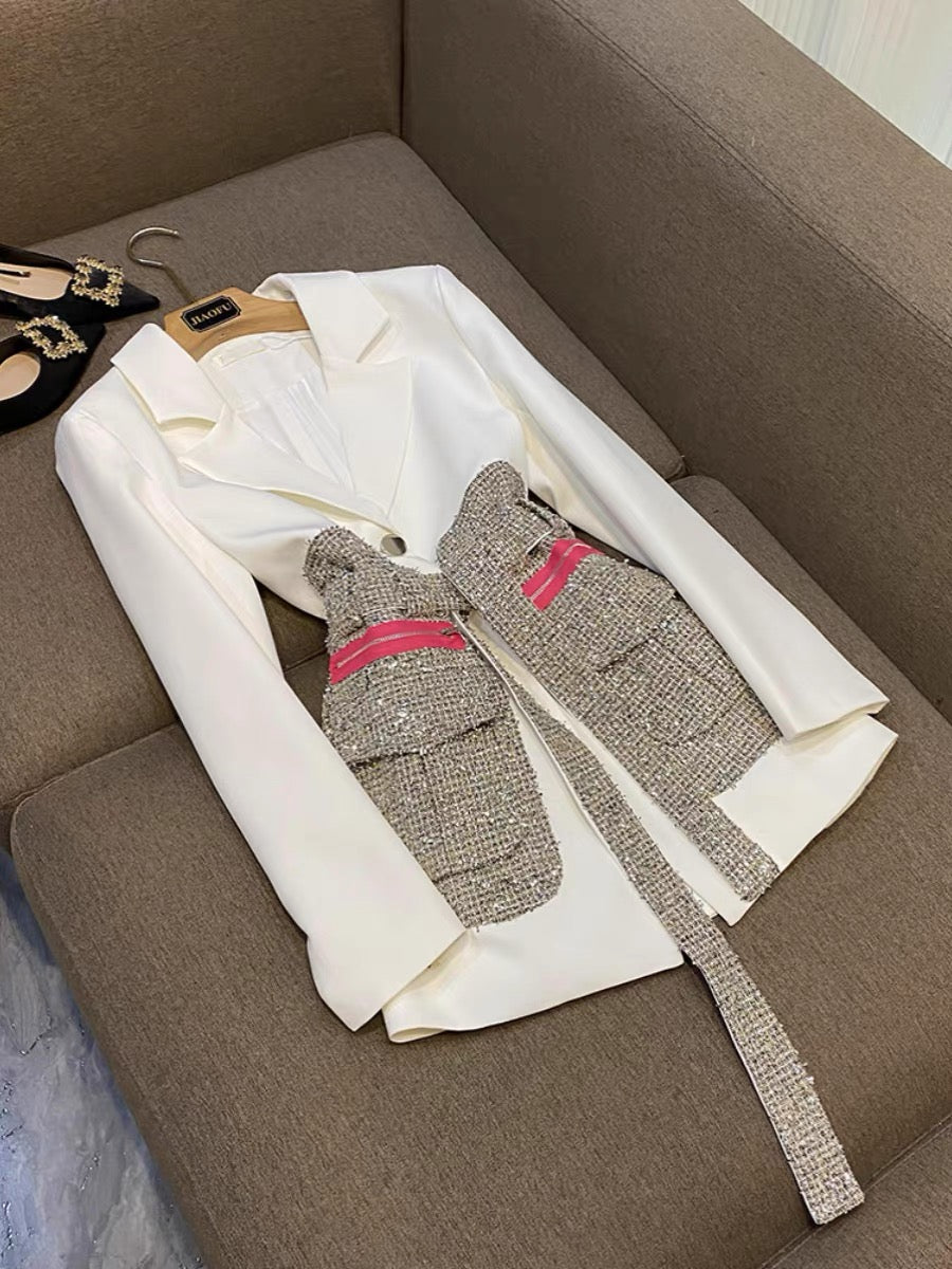 Personalized Street Style Jacket Women's Trendy 2023 Autumn and Autumn New Fashion Woolen Big Pocket Stitching Contrast Color Lace-up Suit 8776 (B7910)