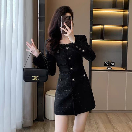 French body-shaping black dress with temperament for women 2023 autumn new women's small fragrant style long-sleeved petite skirt