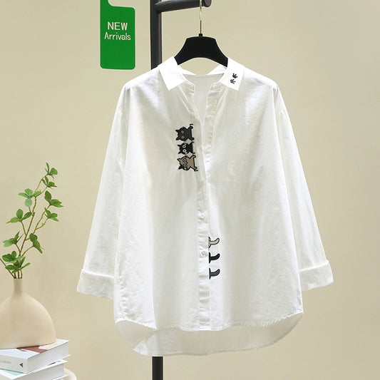 Artistic embroidered long-sleeved white shirt for women 2024 spring and autumn new loose versatile shirt chic bottoming top