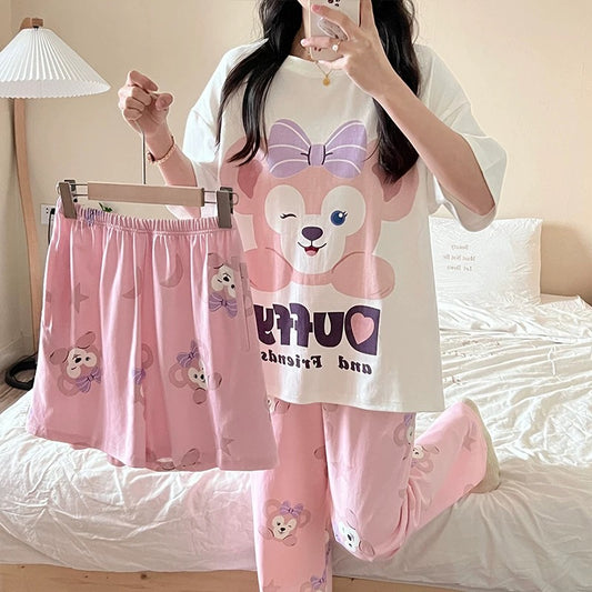 women's short-sleeved trousers summer cotton thin junior high school students 13 girls big children cartoon cute three-piece set