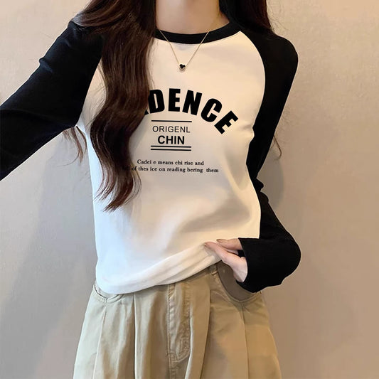 Contrast color pure cotton inner wear design sense splicing long-sleeved T-shirt female 2025 autumn and winter new European goods loose slim top M