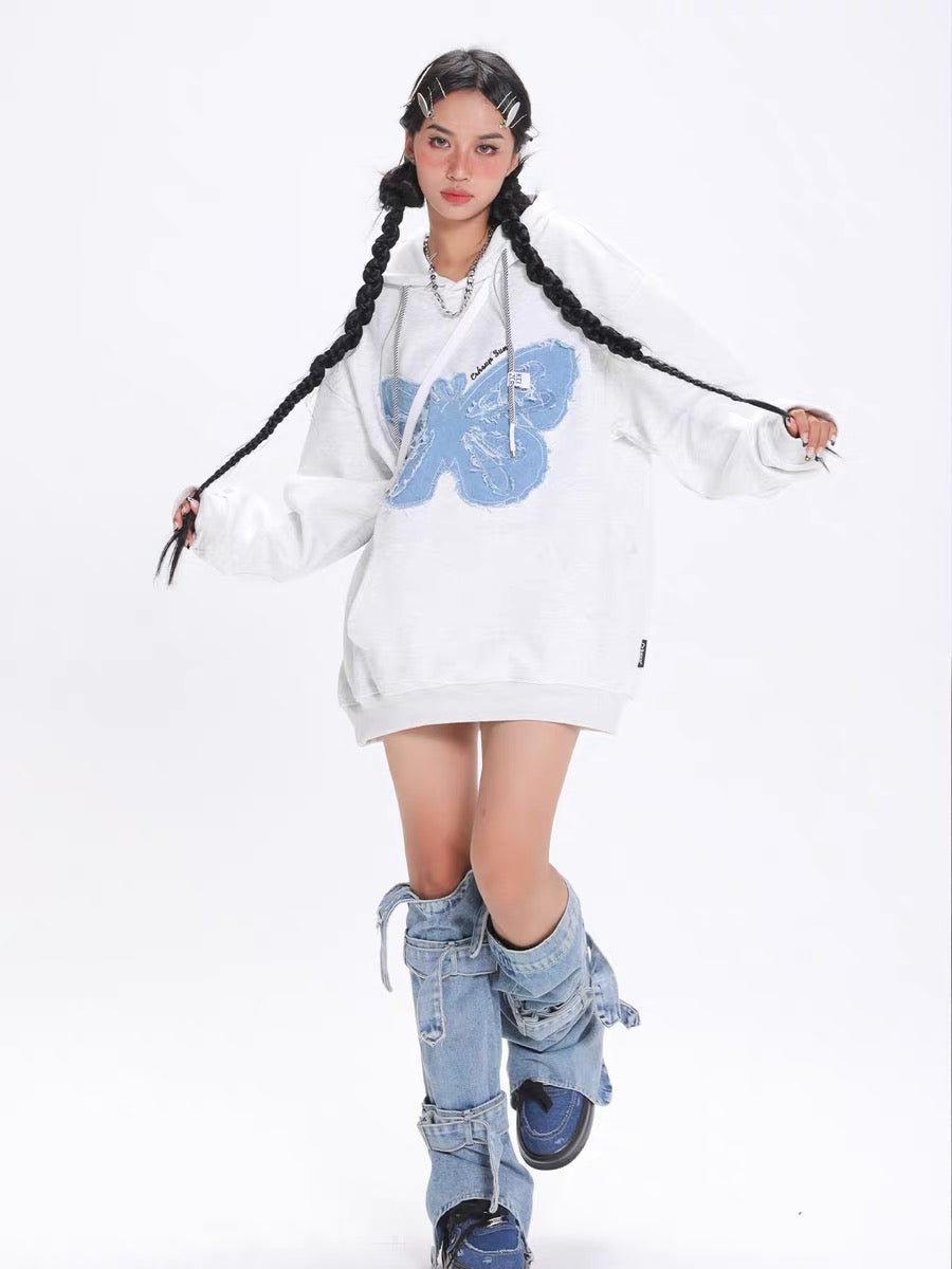 ENJOG American retro denim patch butterfly hooded sweatshirt women's trendy brand street spring and autumn new versatile top