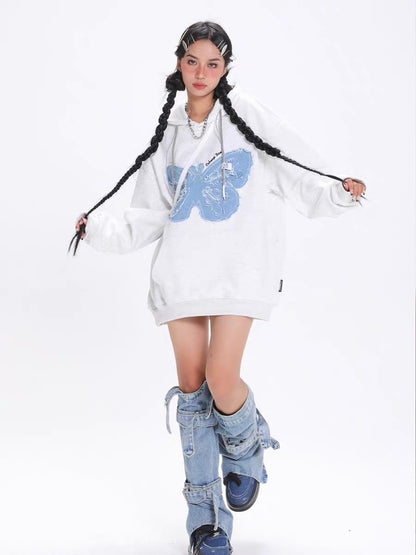 ENJOG American retro denim patch butterfly hooded sweatshirt women's trendy brand street spring and autumn new versatile top