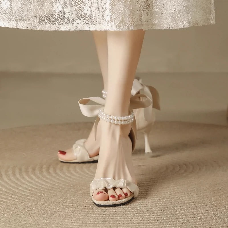 French pearl sandals for women summer low heels 2024 new Roman fairy style with skirt design niche high heels