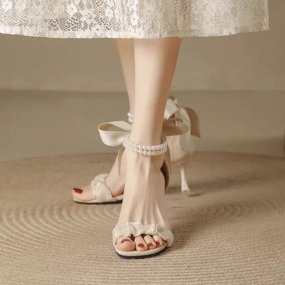 French pearl sandals for women summer low heels 2024 new Roman fairy style with skirt design niche high heels