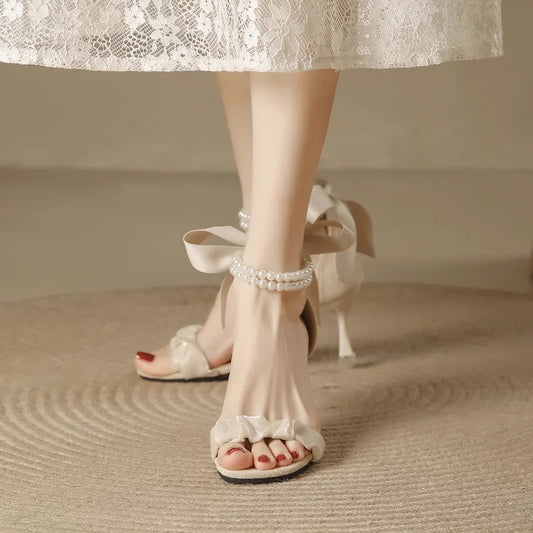 French pearl sandals for women summer low heels 2024 new Roman fairy style with skirt design niche high heels
