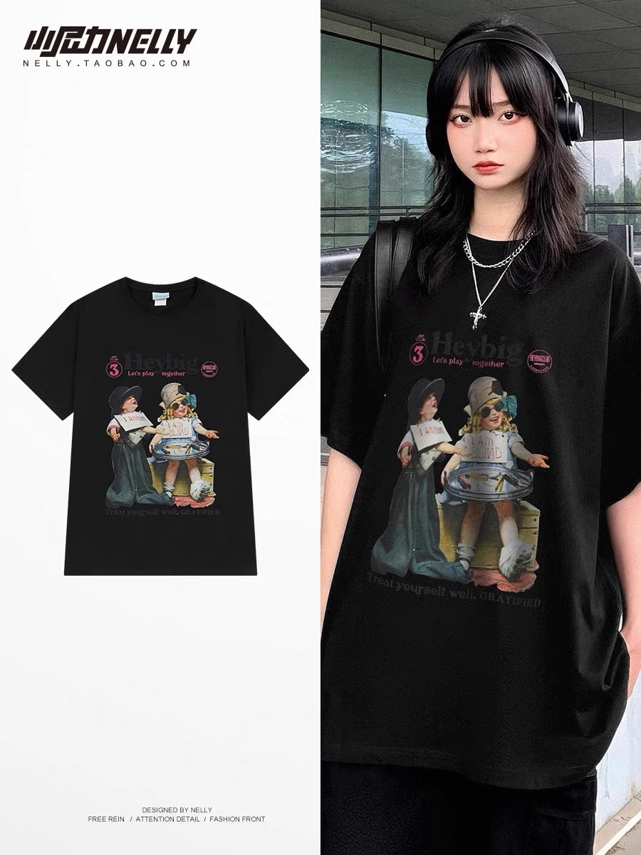 Ins printed short-sleeved t-shirt women and men summer new American retro cotton European and American high street tide brand all-match top bf