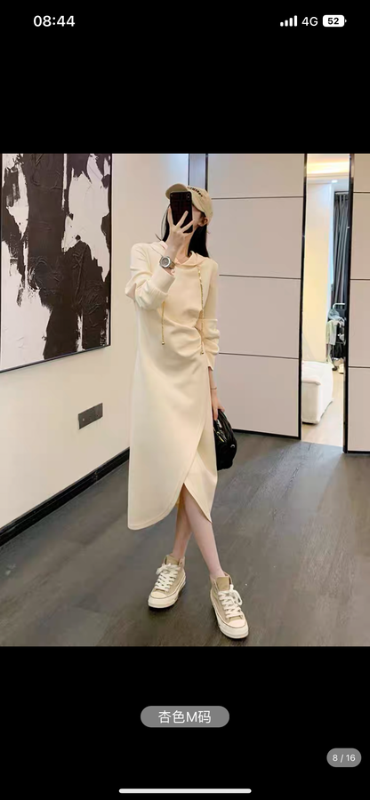 Hooded pink sweatshirt skirt women's autumn new waist slimming mid-length casual temperament bottoming dress (V6618)