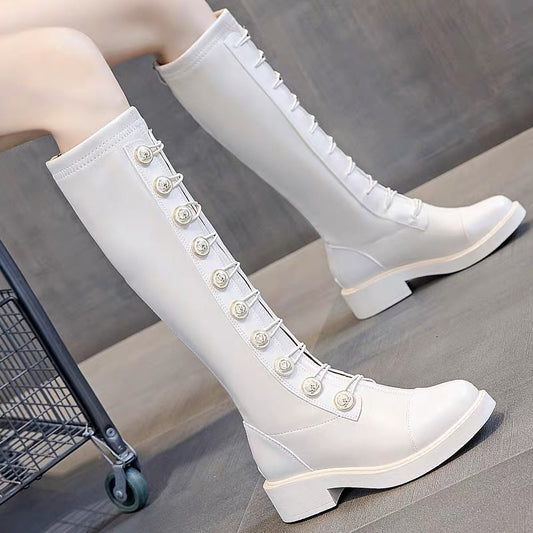 High boots, white boots for women, winter plus velvet, 2023 new Internet celebrity hot style, slim knight boots, thick soles, increased height
