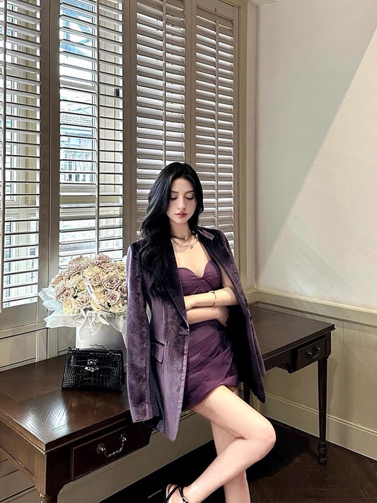 For Fay cold smoked purple velvet blazer high-end Hong Kong style retro casual top for women