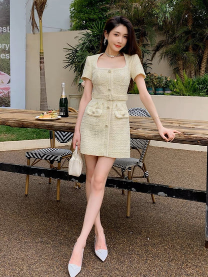 Internet celebrity popular rich daughter lemon yellow short-sleeved small fragrant dress women's summer new slim short skirt (D167)