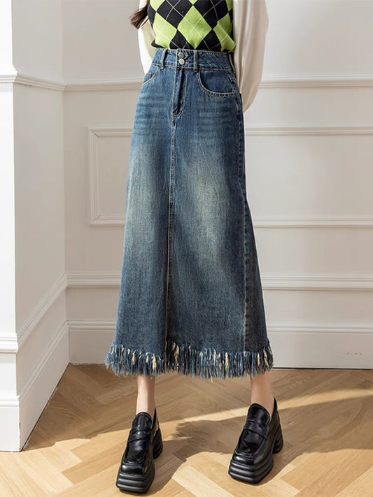 High-waisted retro denim skirt, autumn and winter women's mid-length fringed skirt, niche A-line hip-hugging long skirt