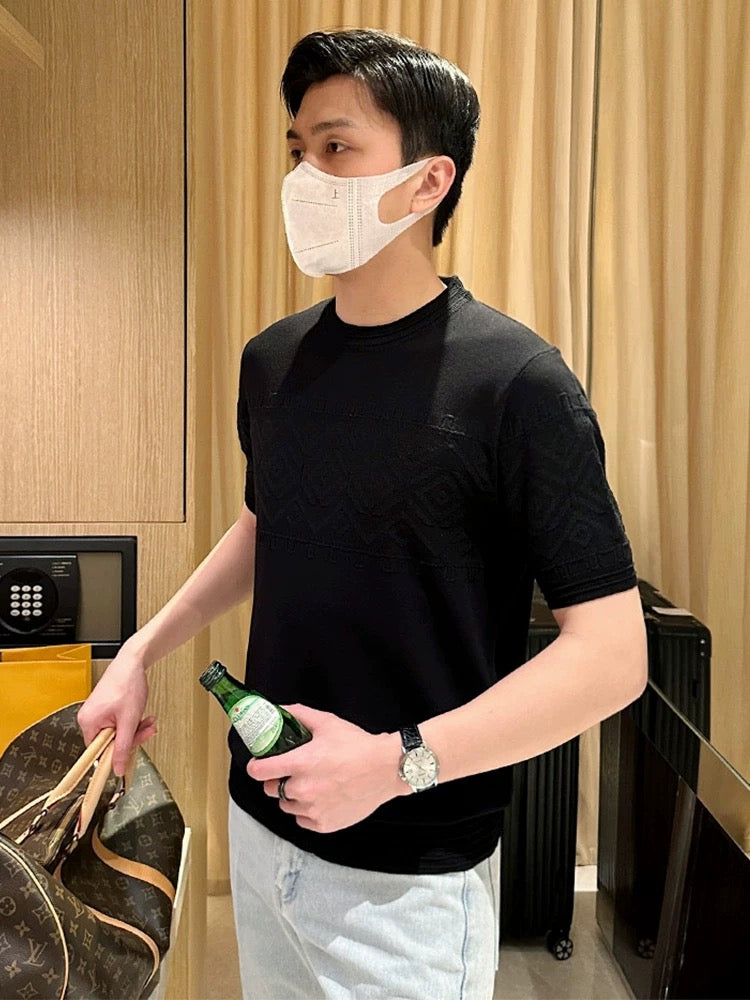 New summer white clothes men's round neck shirt T-shirt High-end custom solid color diamond jacquard short-sleeved T-shirt men