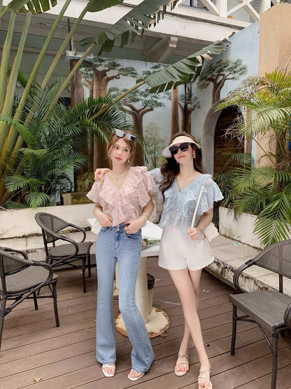 Fish and rabbit rabbit chiffon top women's summer ruffled v-neck flying sleeves 2023 foreign style new chiffon shirt